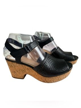 Clarks Artisan Black Leather Wedge Sandals Perforated Cork Heel Ankle